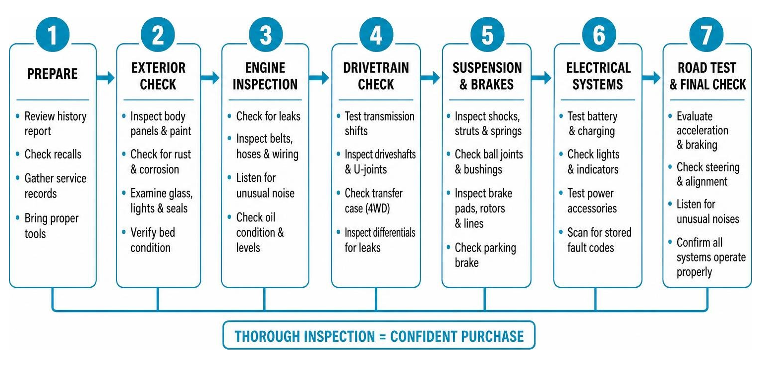 Pre-owned truck mechanical inspection steps Pre-owned truck mechanical inspection steps