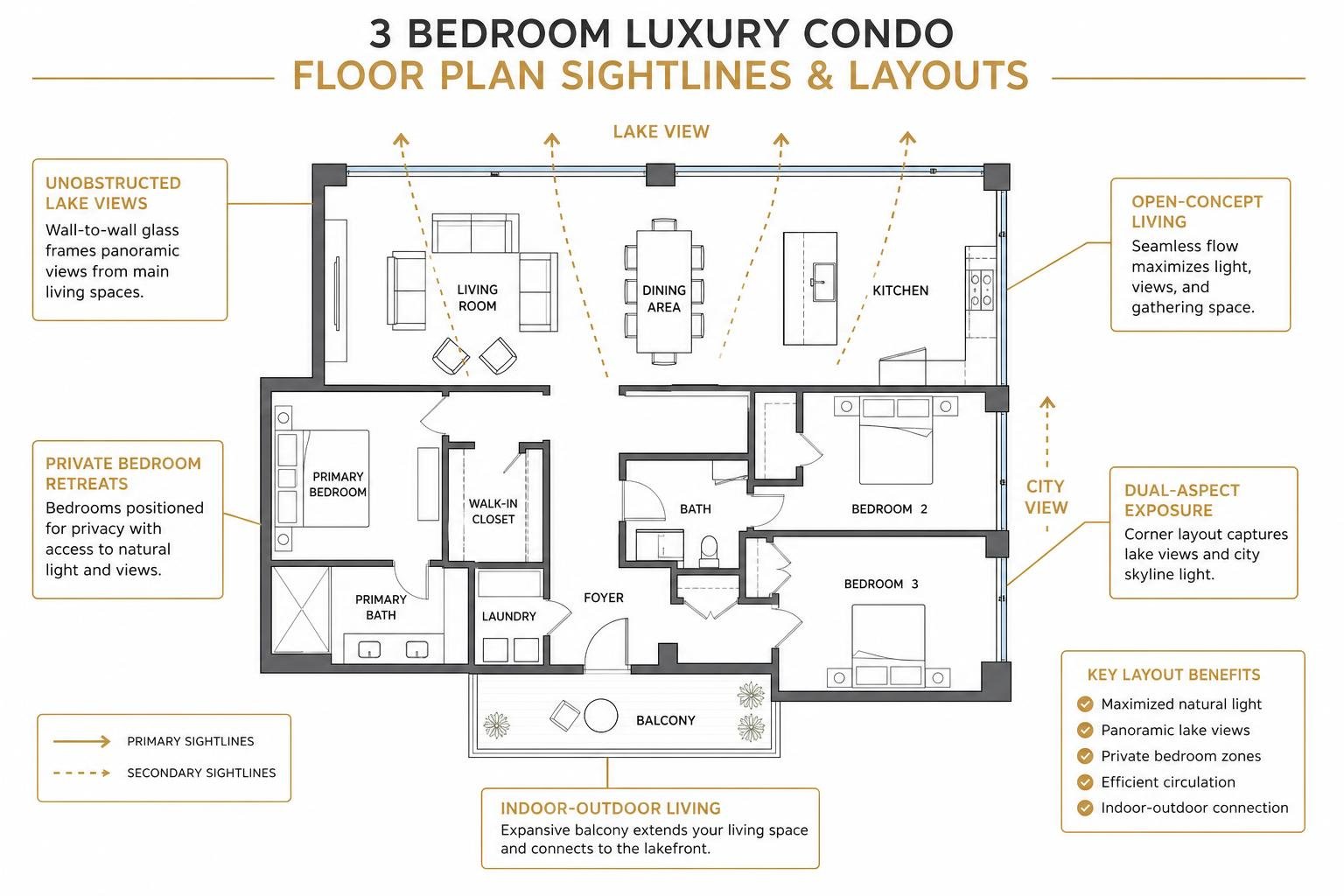 3 bedroom luxury condo floor plan sightlines and layouts
