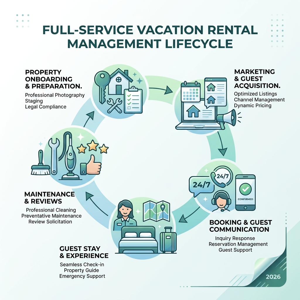 Full-service vacation rental management lifecycle - Vacation Rental Management infographic