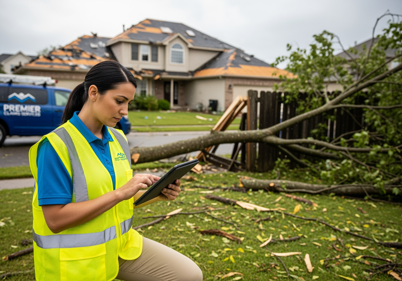 Claims adjuster reviewing property damage on tablet - Insurance back office automation