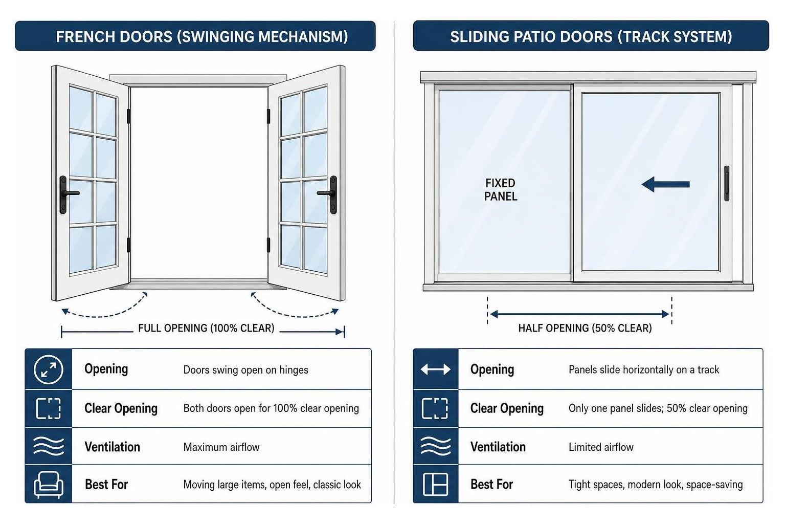 Comparison of French door swinging mechanism versus sliding patio door tracks Comparison of French door swinging mechanism versus sliding patio door tracks
