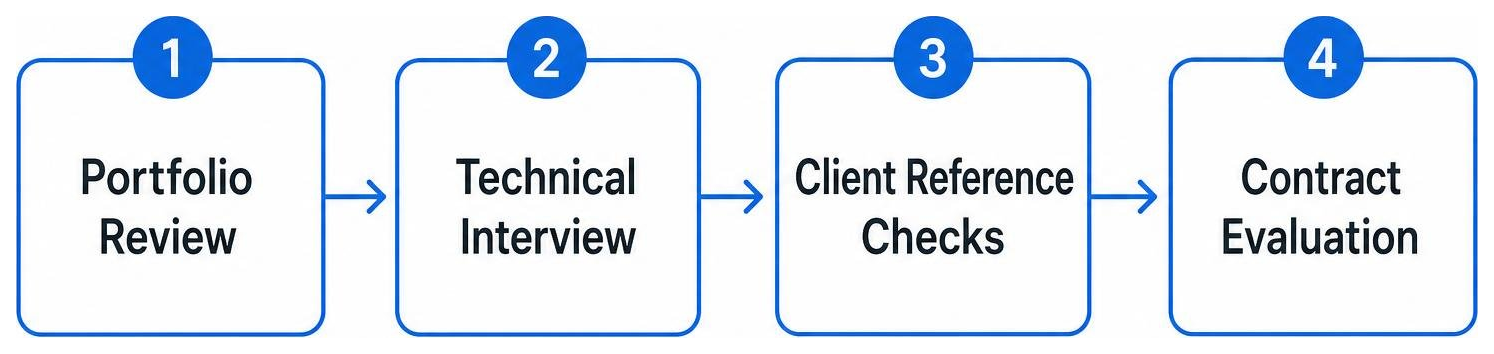 A structured step-by-step diagram showing the agency vetting process: Portfolio Review, Technical Interview, Client