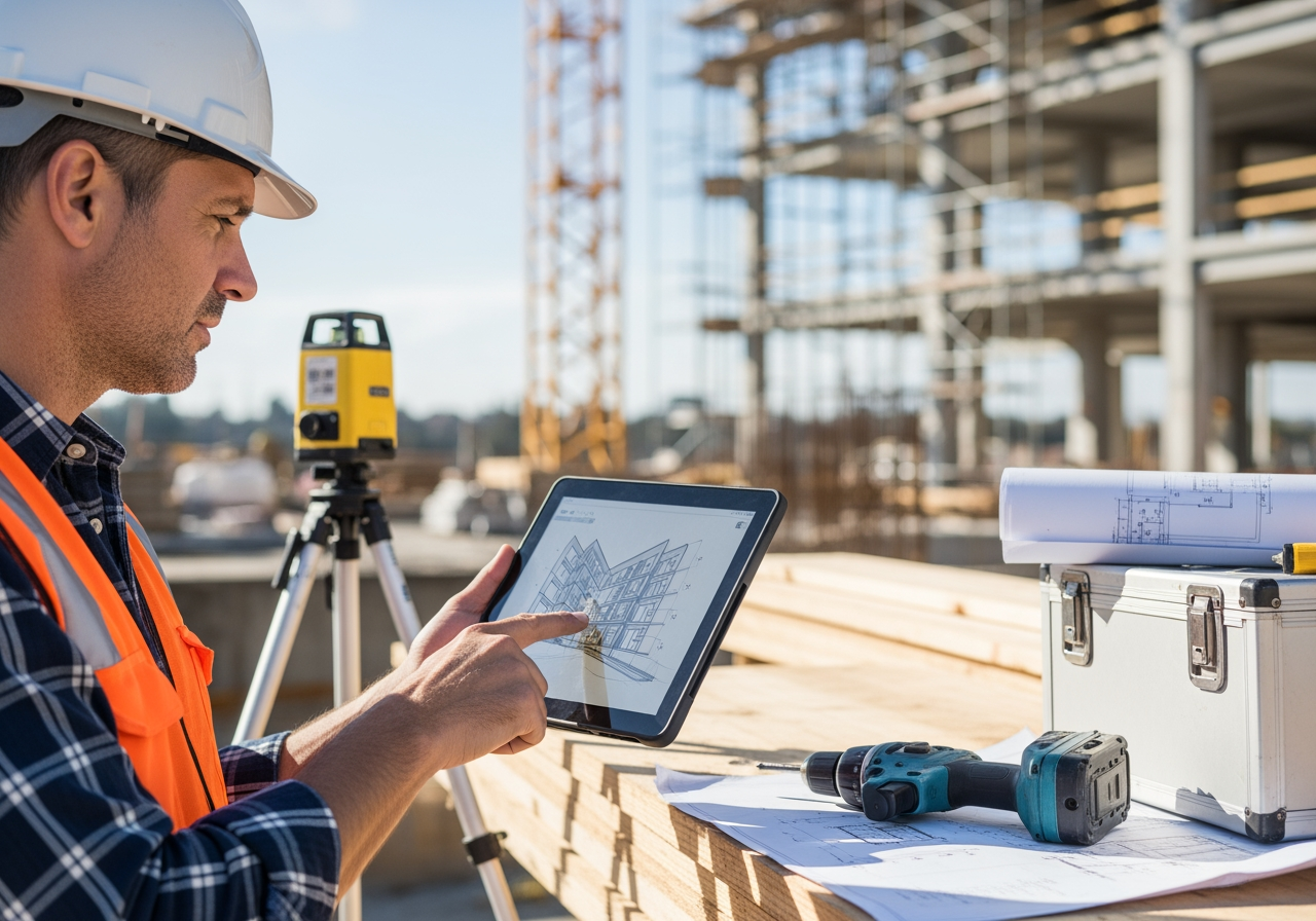 A contractor reviews a digital blueprint on a tablet at a construction site, surrounded by modern tools. - contracting business growth