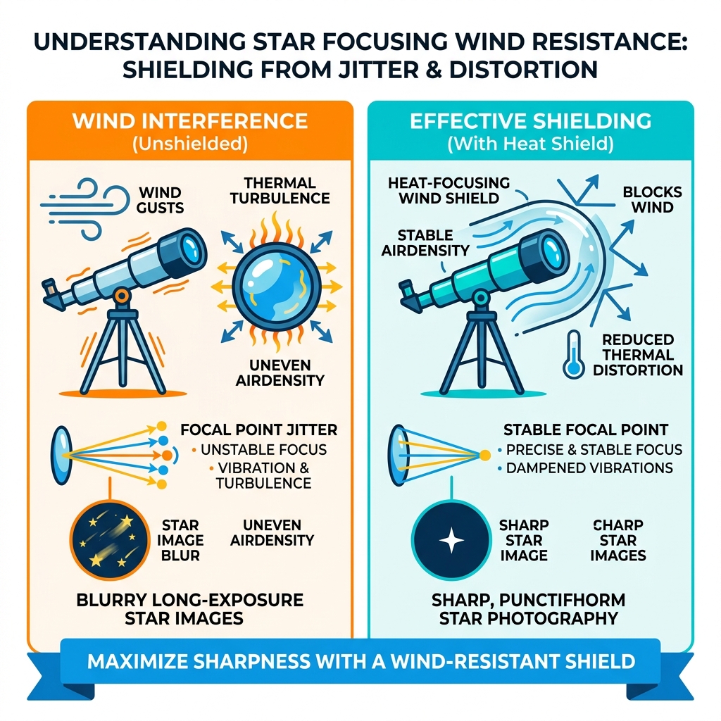 Infographic showing how wind causes star image jitter and how heat shields reduce focal point distortion - star focusing