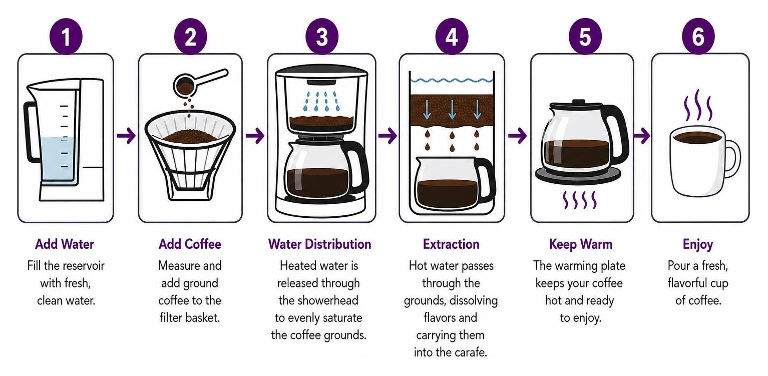 Step-by-step extraction process in an affordable coffee maker Step-by-step extraction process in an affordable coffee maker