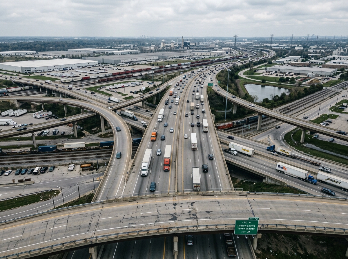 Aerial view of Indiana interstate interchange with heavy freight traffic and industrial landscape, 3PL transportation Aerial view of Indiana interstate interchange with heavy freight traffic and industrial landscape, 3PL transportation