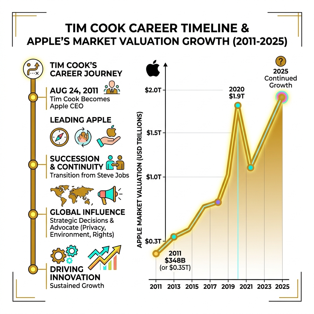 Tim Cook career timeline and Apple's market valuation growth from 2011 to 2025 - tim cook infographic 