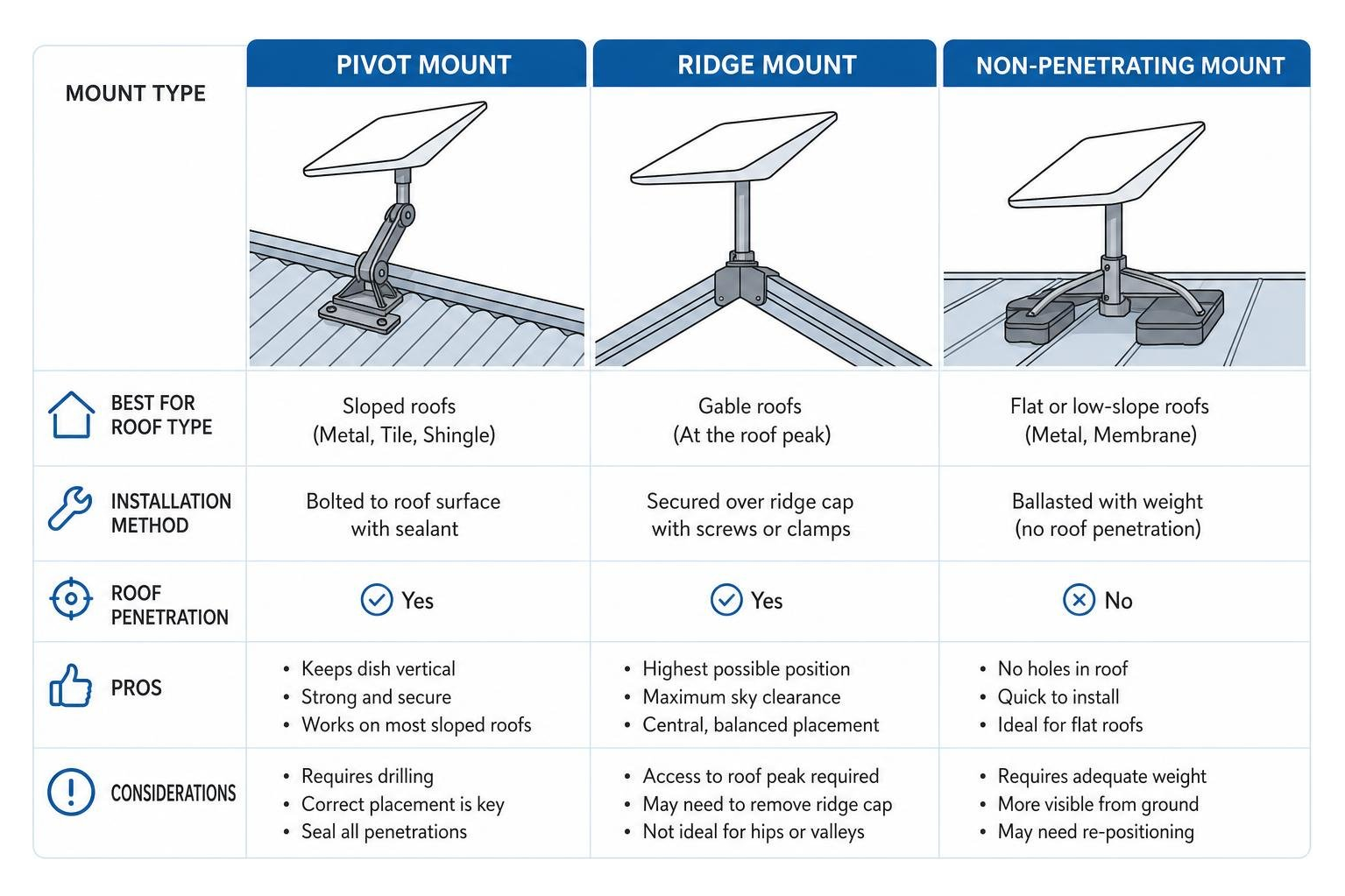 Comparison of Starlink roof mount options for different roof types Comparison of Starlink roof mount options for different roof types