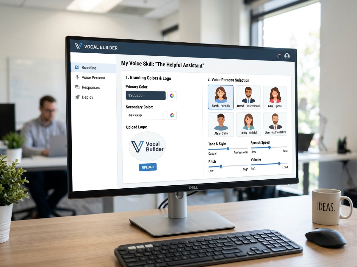 Digital interface showing custom branding and voice persona options - custom voice skill creation