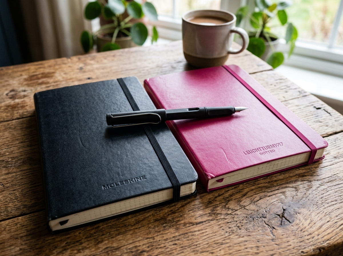Moleskine and Leuchtturm1917 notebooks side-by-side on a wooden table with a pen - budget friendly travel journal notebook Moleskine and Leuchtturm1917 notebooks side-by-side on a wooden table with a pen - budget friendly travel journal notebook