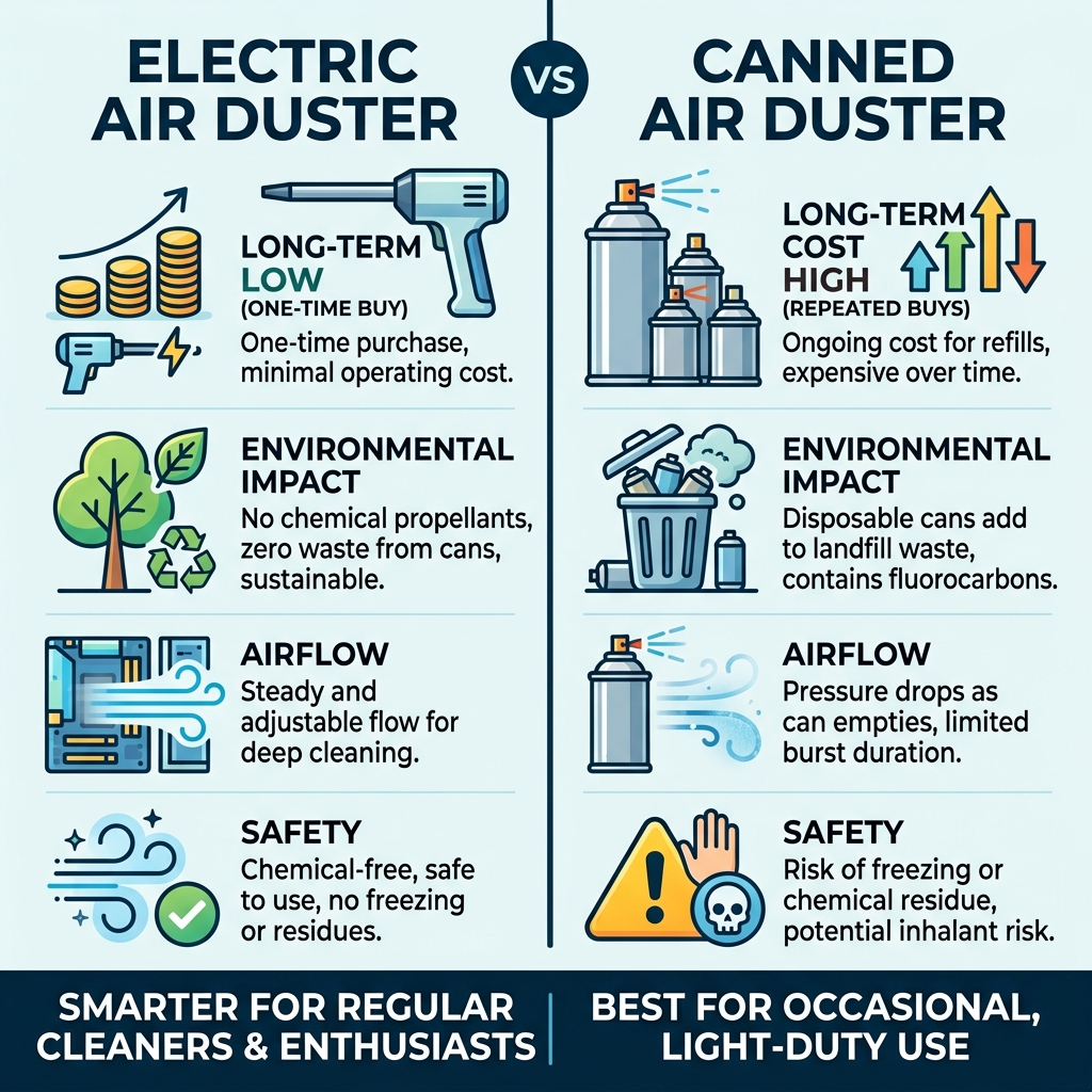Infographic comparing long-term costs and benefits of electric vs canned air dusters - computer air duster electric