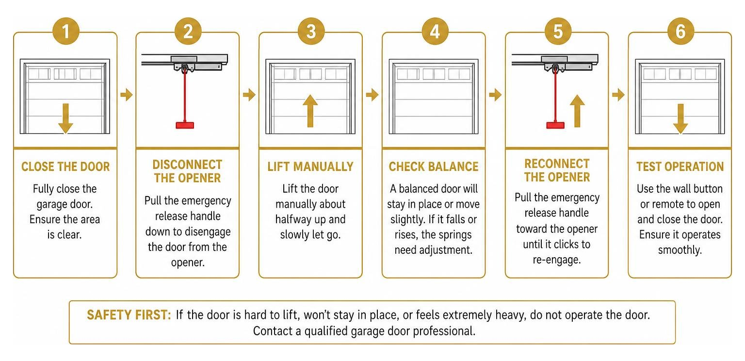 Step-by-step flowchart for performing a manual garage door balance test