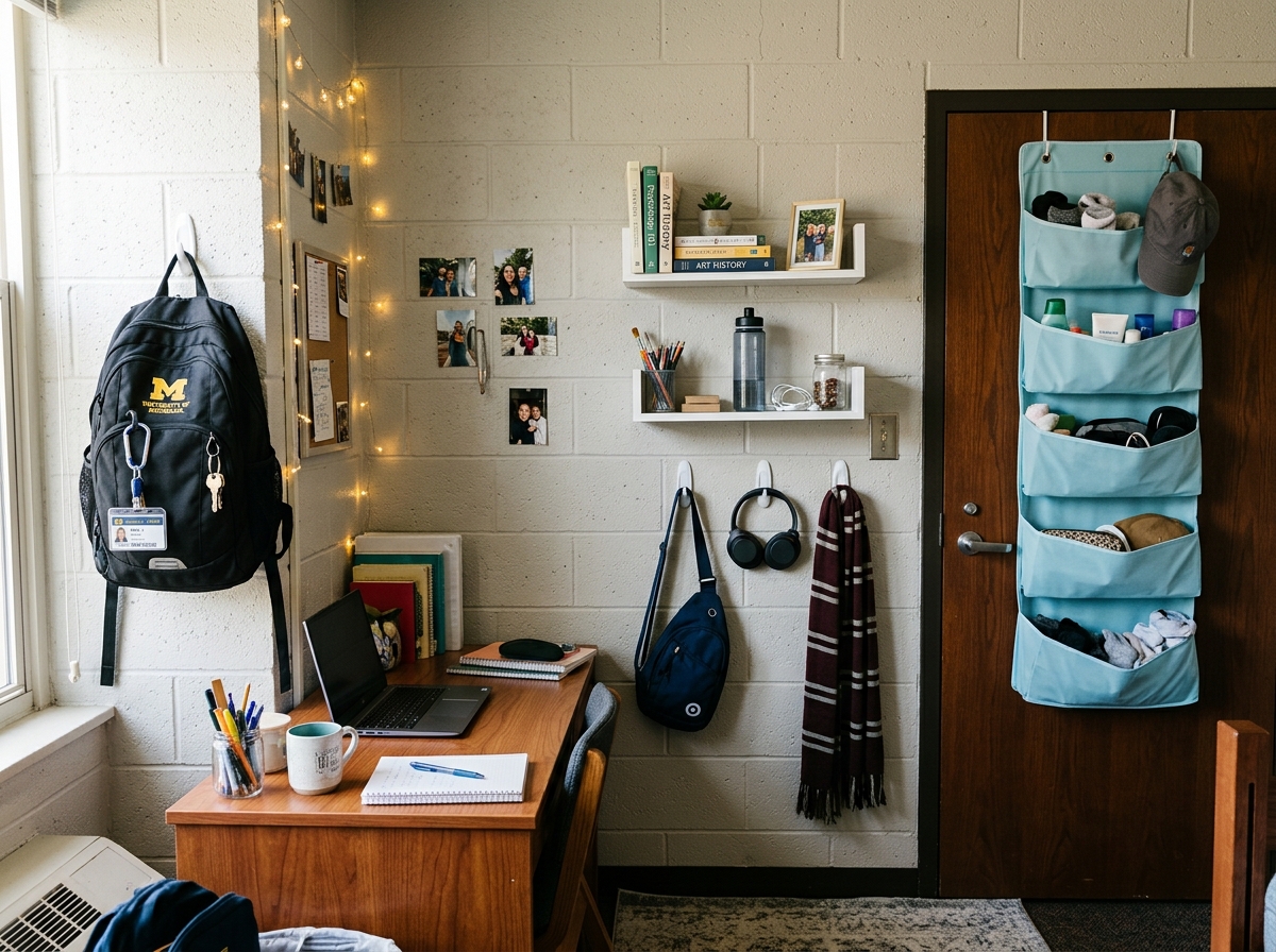 Vertical wall storage with hooks and shelves in a small dorm room - dorm room organization ideas