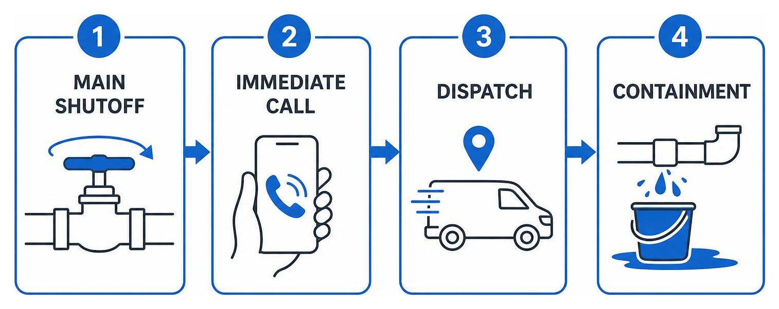 Emergency plumbing response sequence showing main shutoff, immediate call, dispatch, and containment Emergency plumbing response sequence showing main shutoff, immediate call, dispatch, and containment