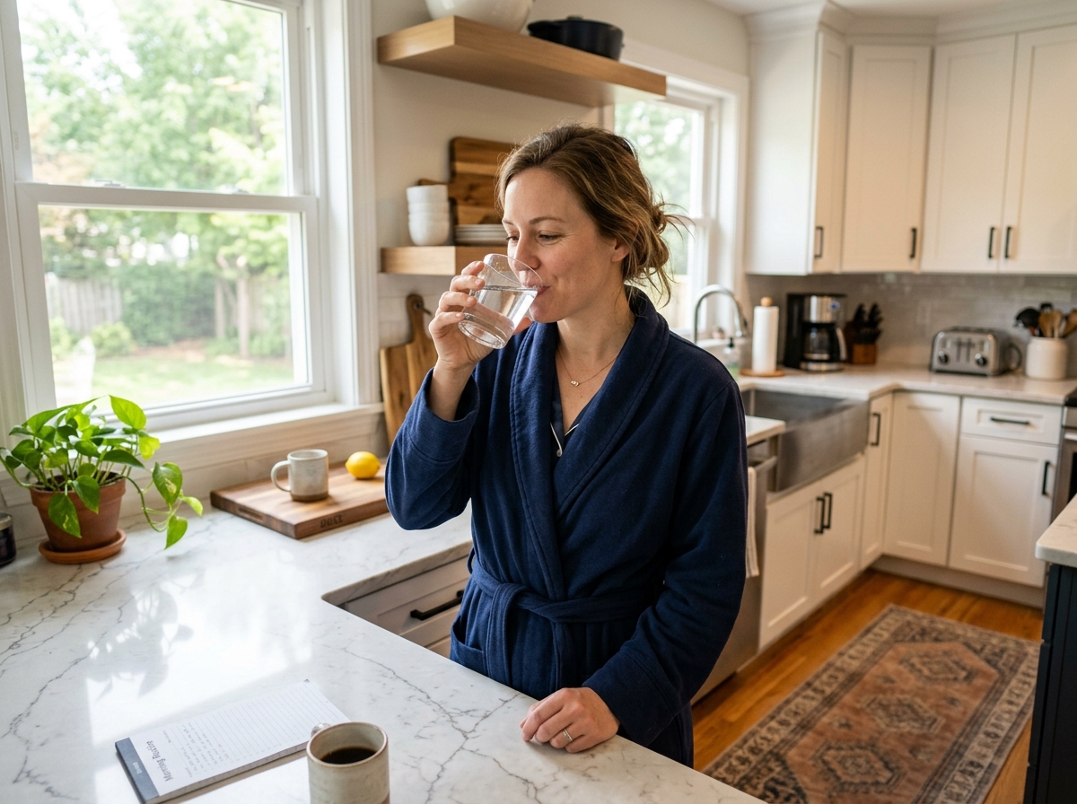 Morning Routine; Creator: Pexels; Description: A person drinking a small glass of water in the morning; Alt-text: A person