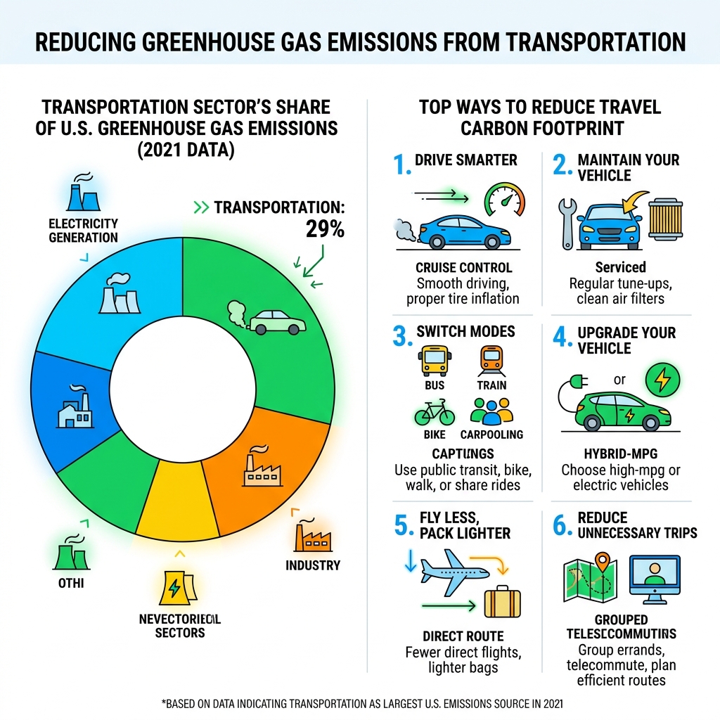 Infographic showing transportation sector's share of US greenhouse gas emissions and top ways to reduce travel carbon Infographic showing transportation sector's share of US greenhouse gas emissions and top ways to reduce travel carbon