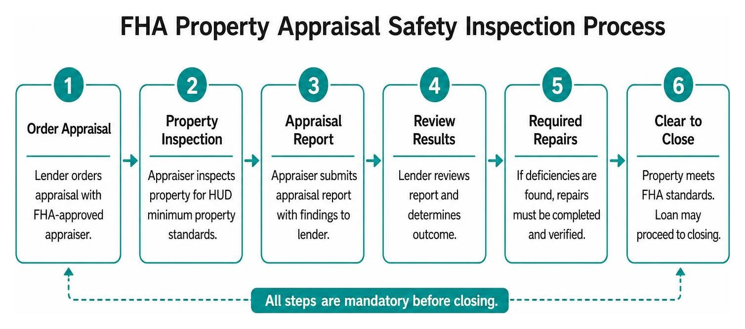 FHA Property Appraisal Safety Inspection Process diagram showing mandatory steps