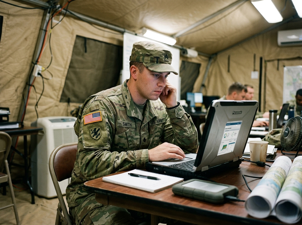 A military service member on deployment using a laptop to monitor their financial security - credit freeze vs alert