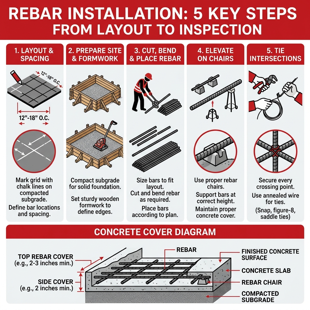 Infographic showing 5 steps of rebar installation from layout to inspection with concrete cover diagram - How to install Infographic showing 5 steps of rebar installation from layout to inspection with concrete cover diagram - How to install