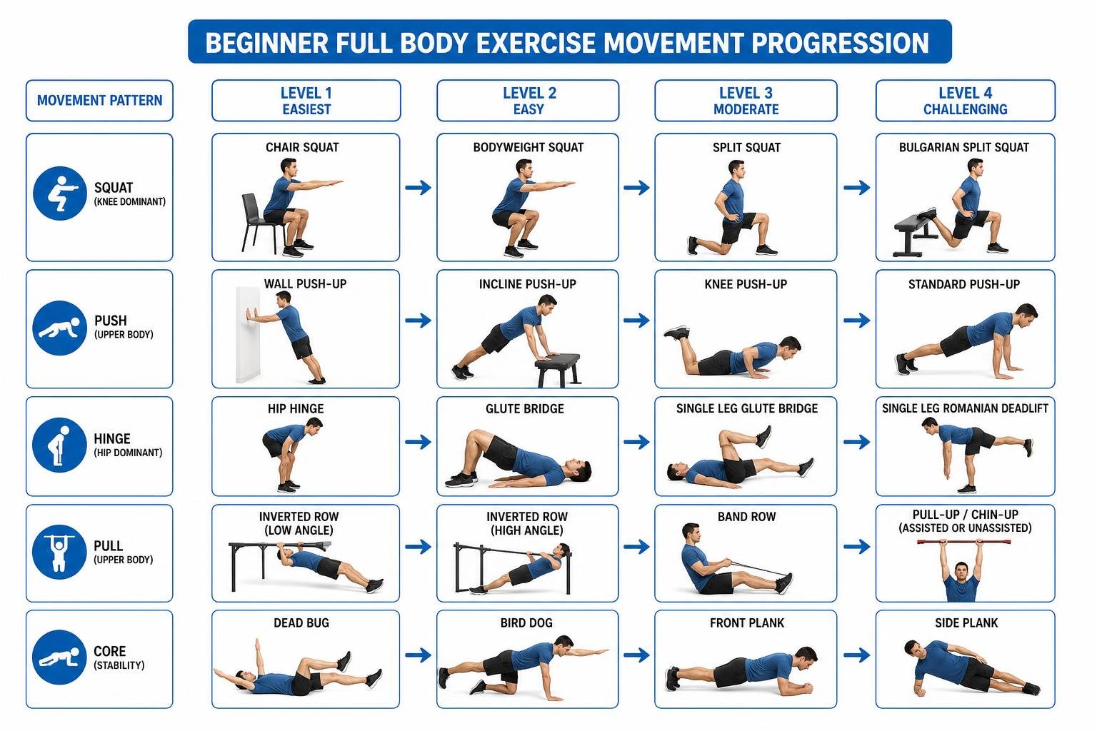 Beginner full body exercise movement progression flow chart Beginner full body exercise movement progression flow chart