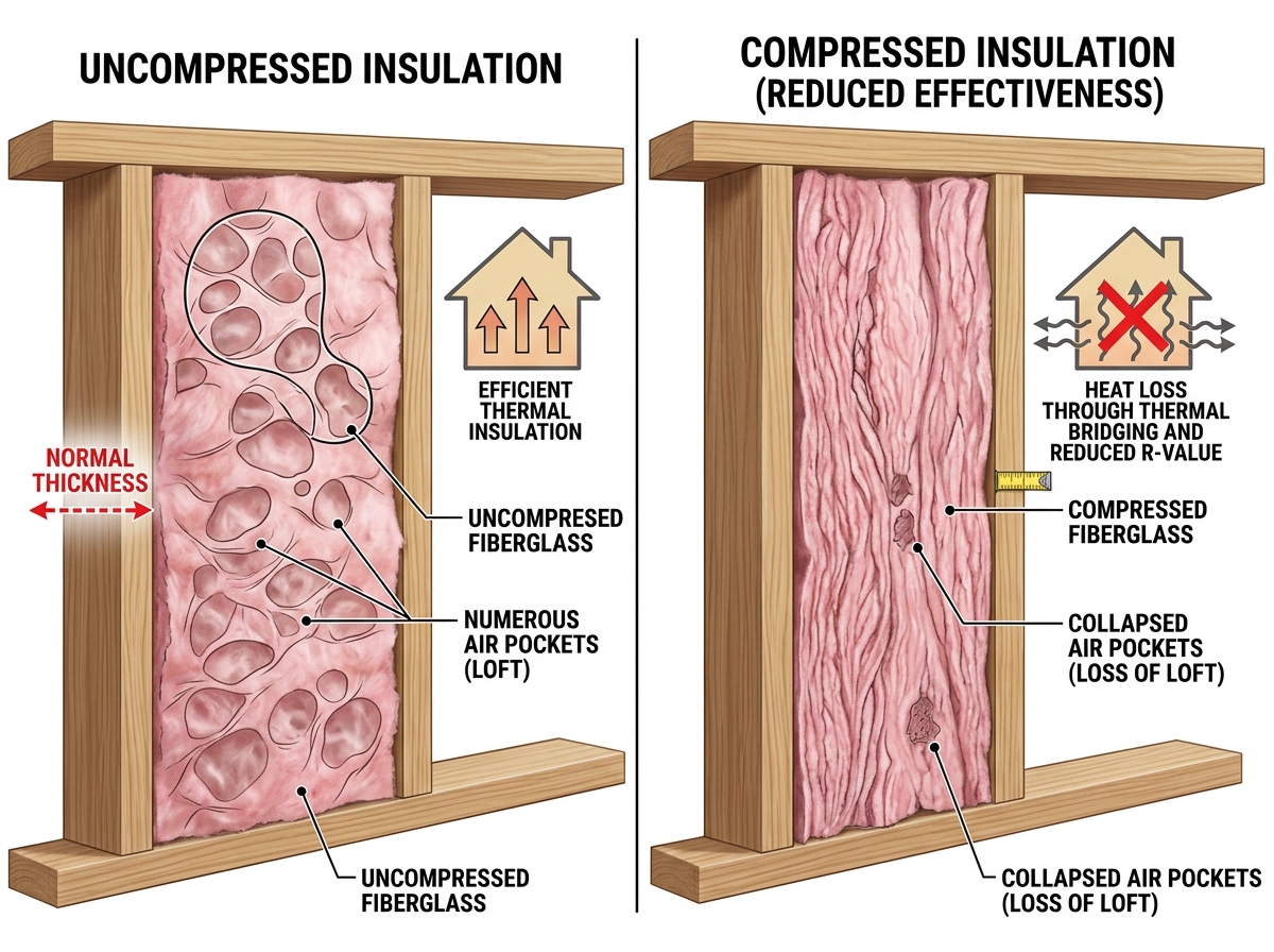 Illustration of compressed fiberglass insulation showing loss of air pockets and reduced effectiveness - r value insulation Illustration of compressed fiberglass insulation showing loss of air pockets and reduced effectiveness - r value insulation