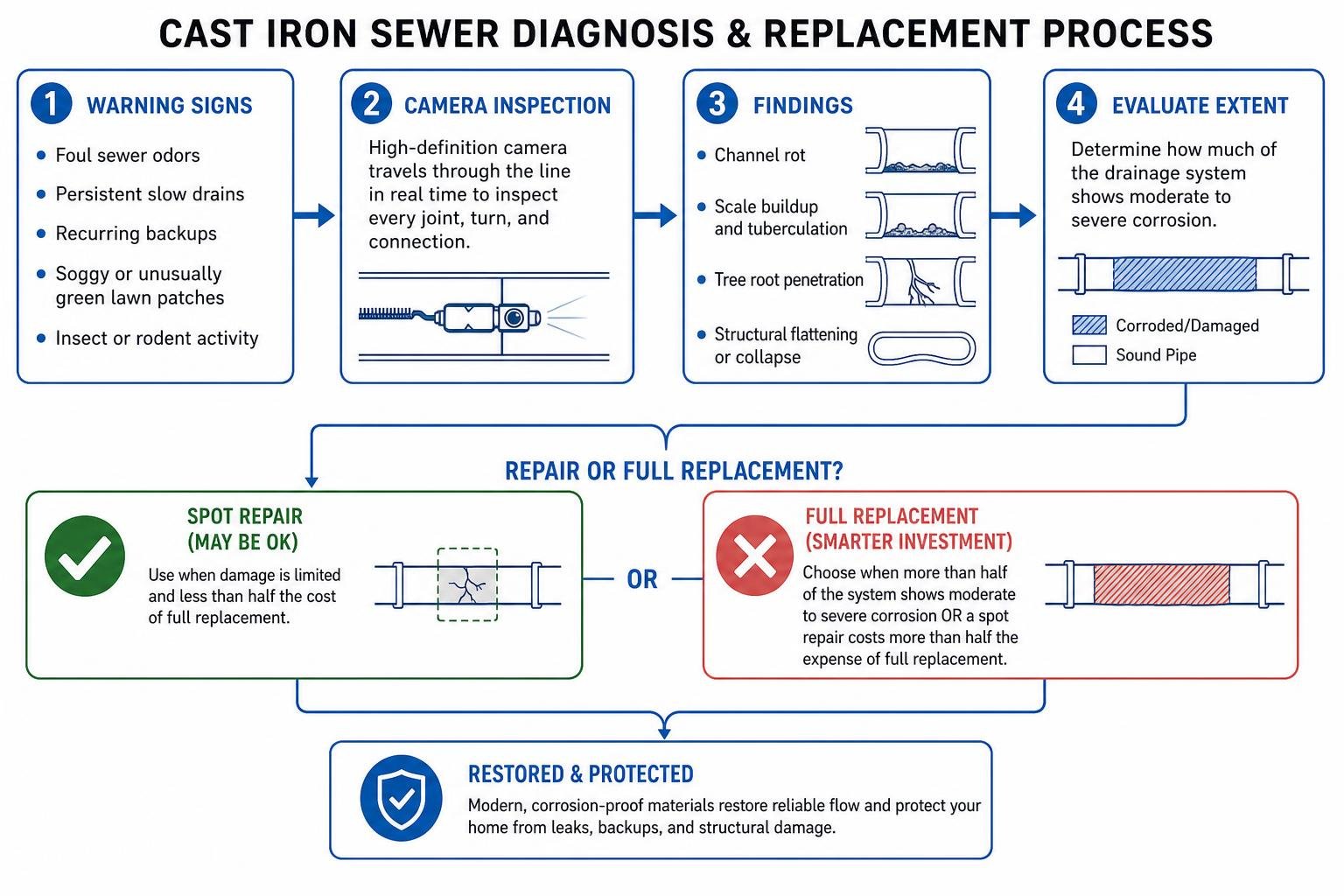 step by step cast iron sewer diagnosis and replacement process