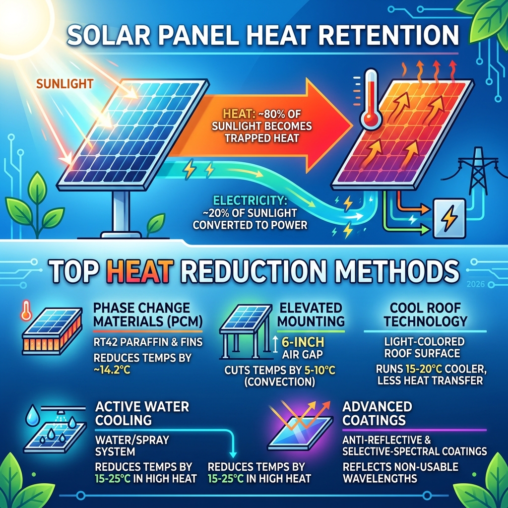 Infographic: 80% heat vs 20% electricity conversion in solar panels and top cooling methods - solar panel heat retention