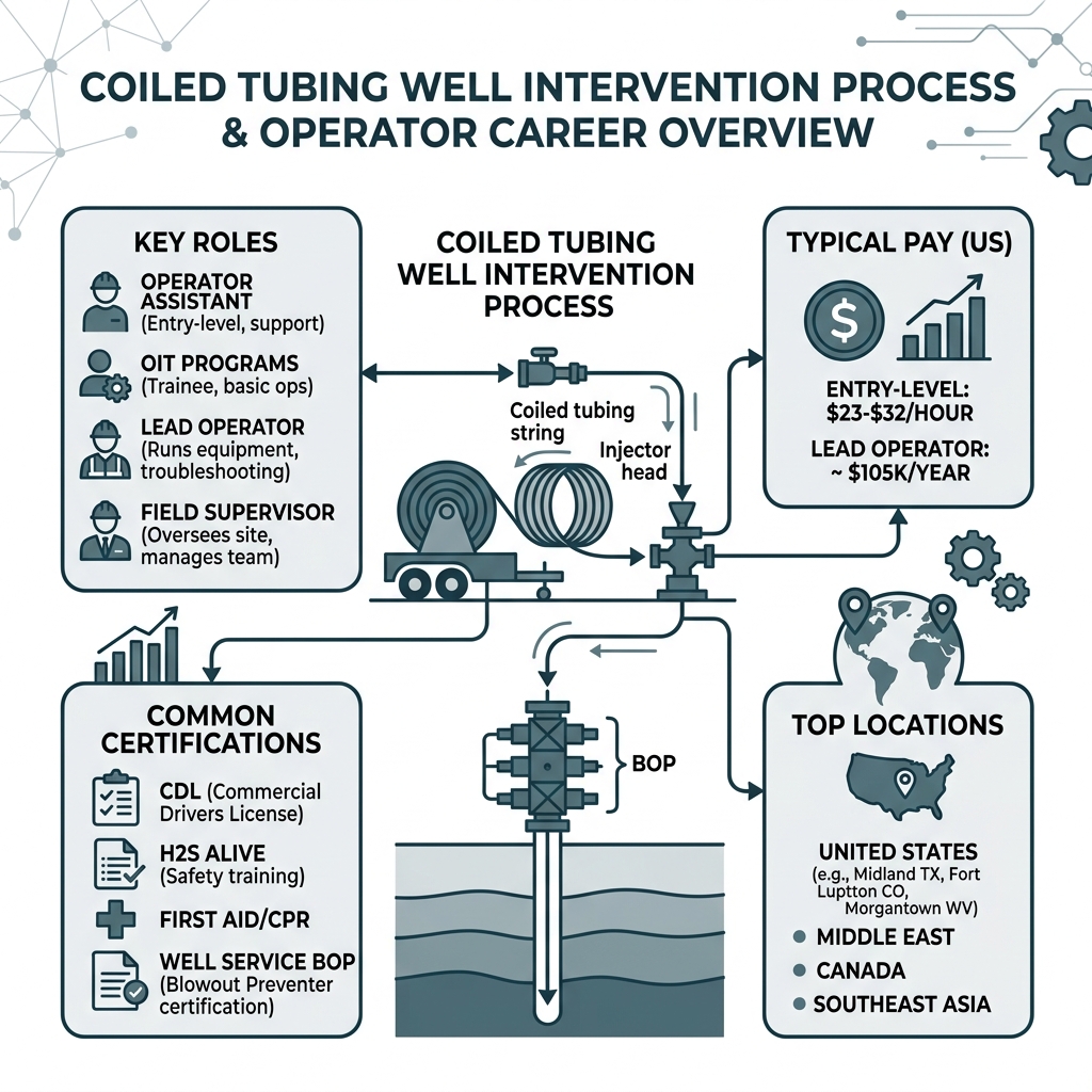 Coiled tubing well intervention process infographic showing roles, pay, certifications, and locations - coil tubing operator