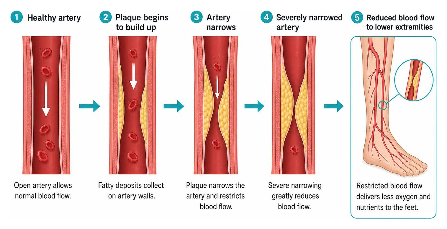 Diagram of arterial plaque buildup restricting blood flow to the lower extremities