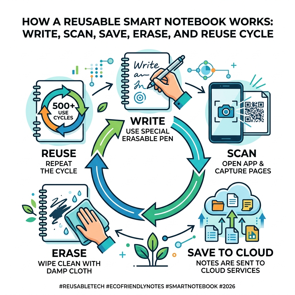How a reusable smart notebook works: write, scan, save to cloud, erase, and reuse cycle infographic - reusable smart