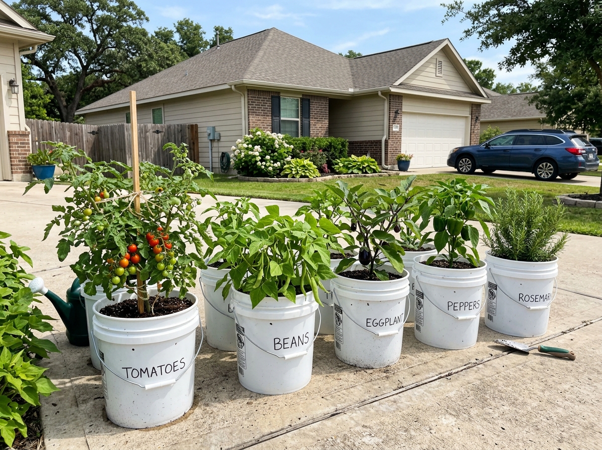 A mobile bucket garden on a sunny driveway - 5 gallon bucket gardening ideas