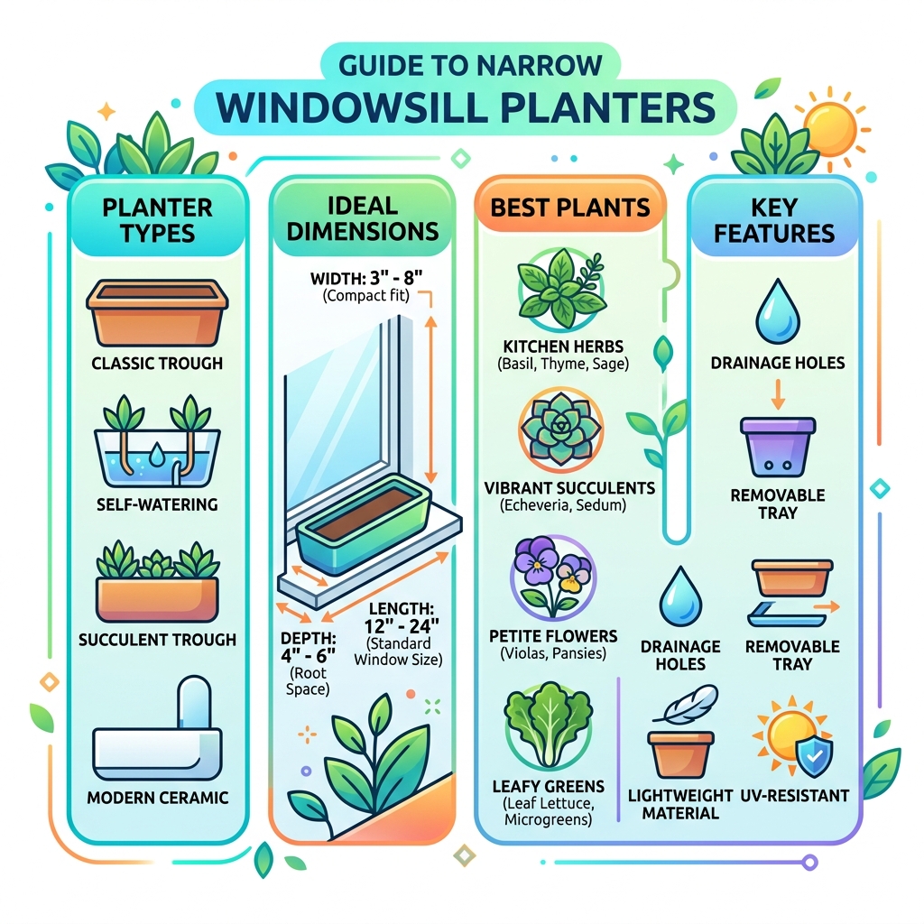 infographic showing top narrow windowsill planter types, ideal dimensions, best plants, and key features like drainage