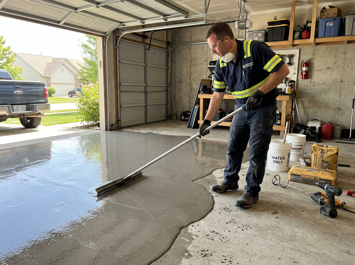 A professional applying self-leveling concrete to a garage floor with a specialized rake - best self leveling concrete for A professional applying self-leveling concrete to a garage floor with a specialized rake - best self leveling concrete for