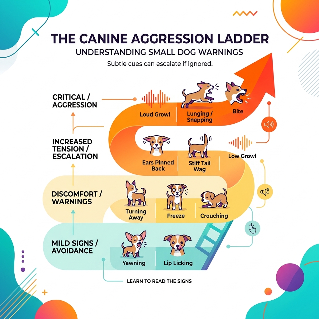 Infographic showing the canine aggression ladder from yawning and lip licking to growling snapping and biting - aggressive