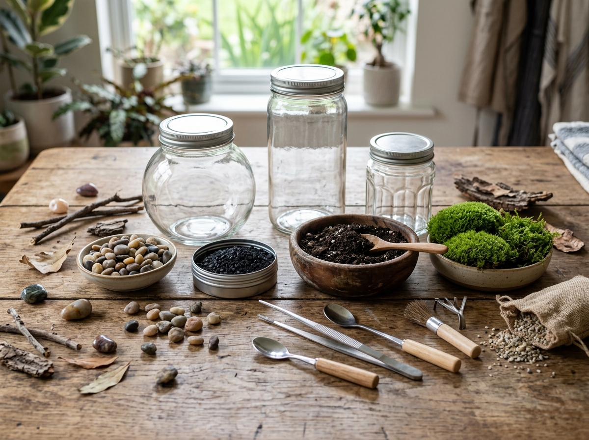 Terrarium building materials including glass jars, pebbles, charcoal, and soil tools - woodland terrarium craft tutorial Terrarium building materials including glass jars, pebbles, charcoal, and soil tools - woodland terrarium craft tutorial