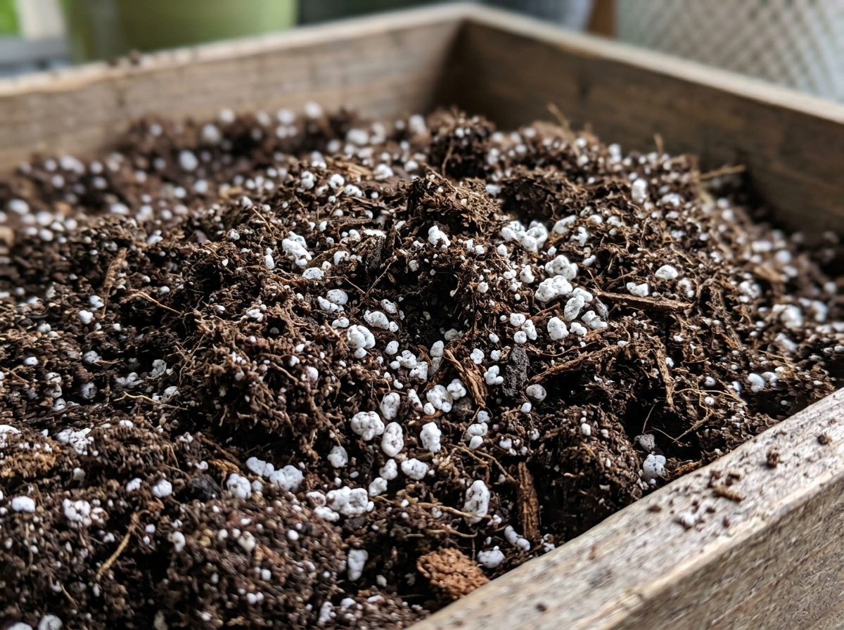 High-quality dark organic potting soil showing a light, fluffy texture with visible perlite - organic potting soil for