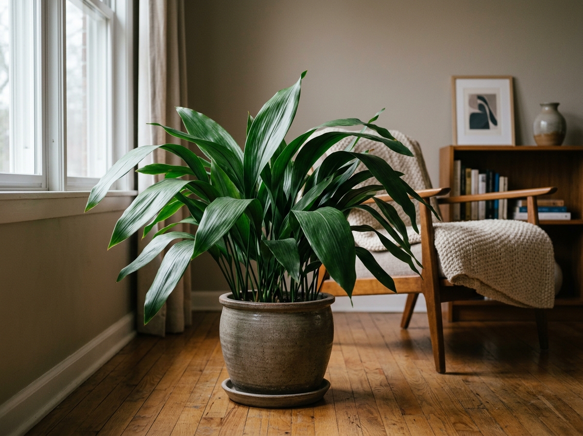 A cast iron plant sitting comfortably in a dim corner of a room - cast iron plant care