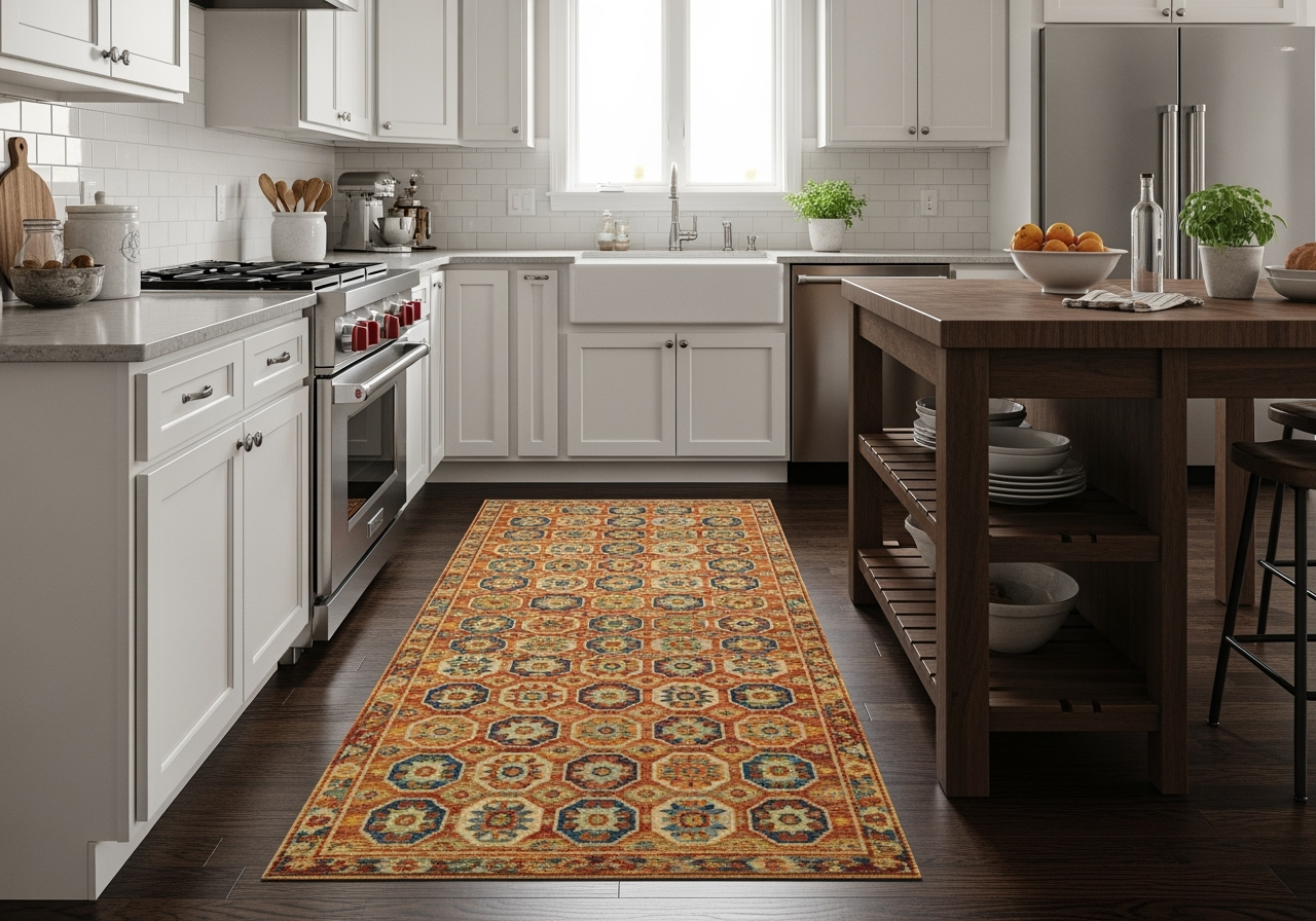 vintage-style patterned runner adding a pop of color to a neutral kitchen with dark hardwood floors - best kitchen runners for hardwood floors
