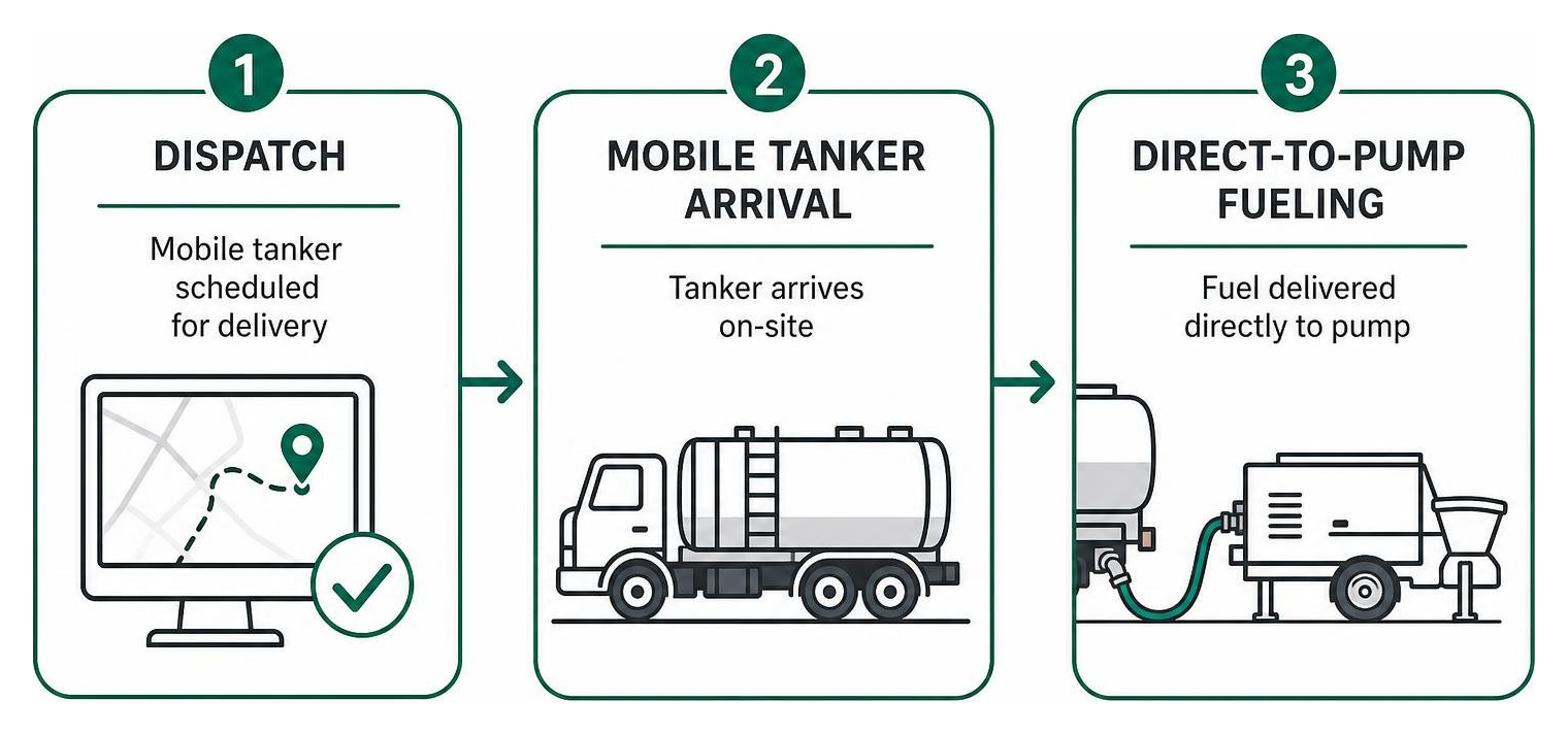 Off-grid mobile fueling logistics: dispatch, mobile tanker arrival, direct-to-pump fueling Off-grid mobile fueling logistics: dispatch, mobile tanker arrival, direct-to-pump fueling