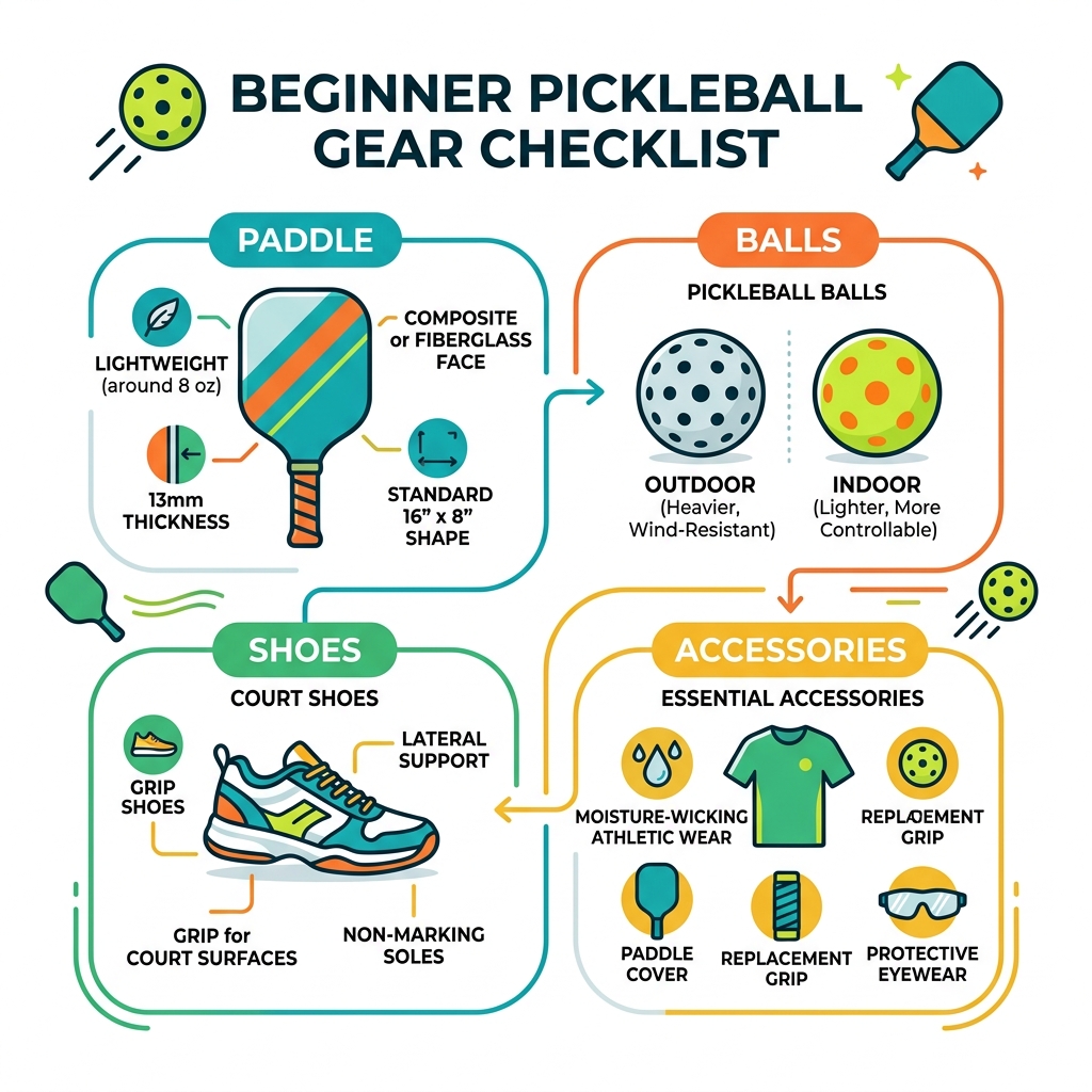 Beginner pickleball gear checklist infographic showing paddle, balls, shoes, and accessories - pickleball equipment for