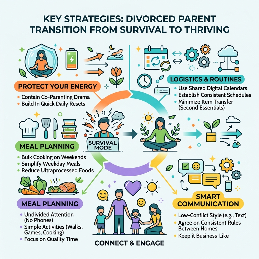 Infographic showing key strategies for divorced parents transitioning from survival mode to thriving - busy divorced parent Infographic showing key strategies for divorced parents transitioning from survival mode to thriving - busy divorced parent