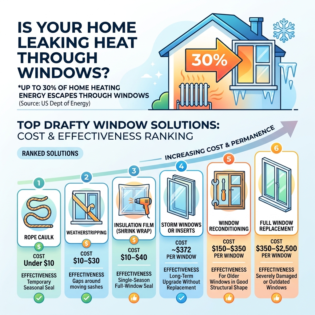 Infographic showing 30% heat loss through windows and top drafty window solutions ranked by cost and effectiveness - drafty