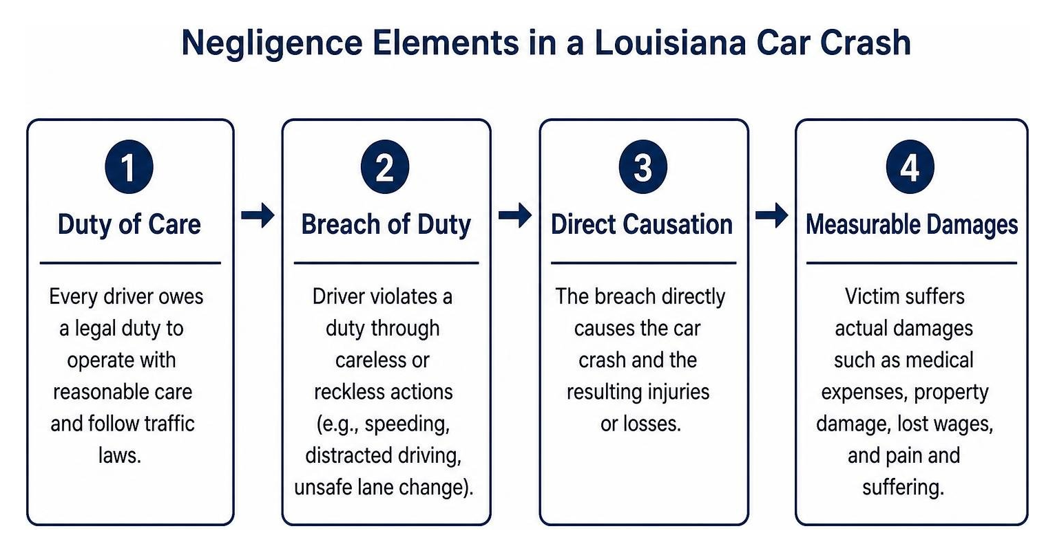 Negligence flowchart showing duty breach causation and damages in a Louisiana car crash Negligence flowchart showing duty breach causation and damages in a Louisiana car crash