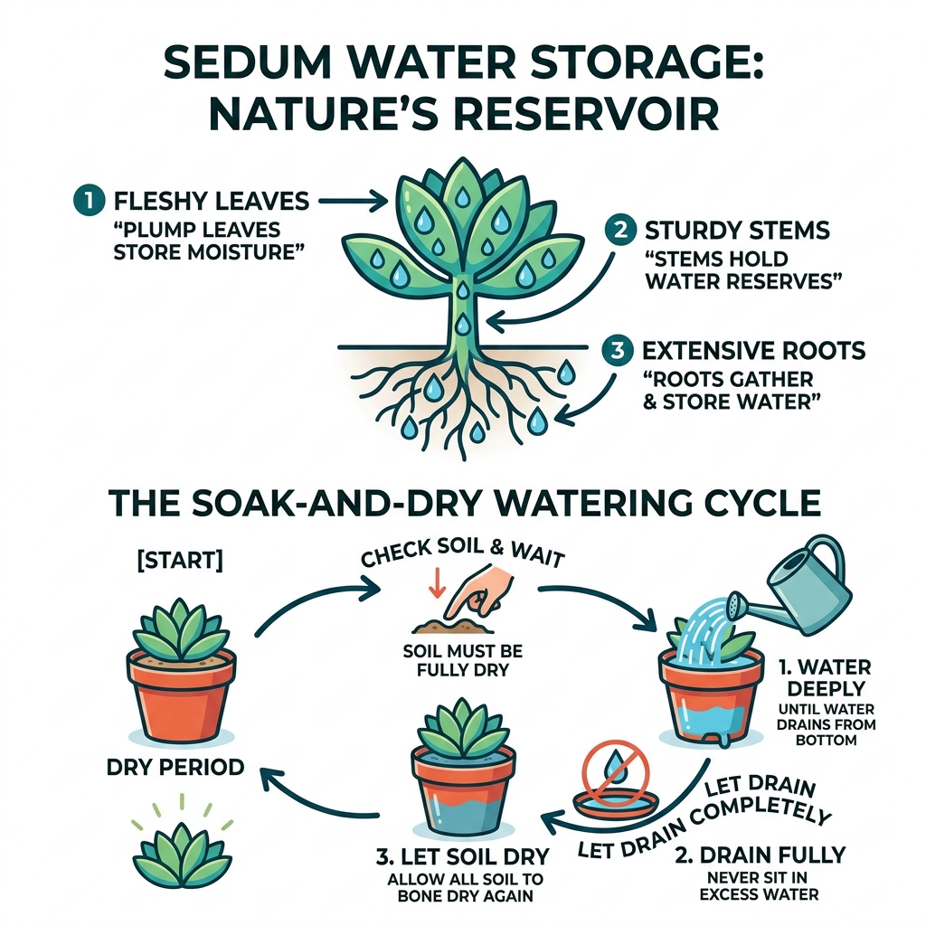 infographic showing sedum water storage in leaves, stems, roots and soak-and-dry watering cycle - sedum plant soak method infographic showing sedum water storage in leaves, stems, roots and soak-and-dry watering cycle - sedum plant soak method