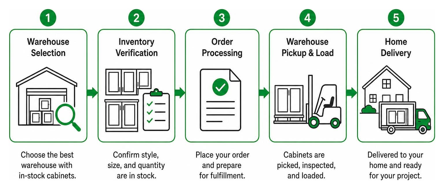 Cabinet fulfillment process from warehouse selection to home delivery Cabinet fulfillment process from warehouse selection to home delivery