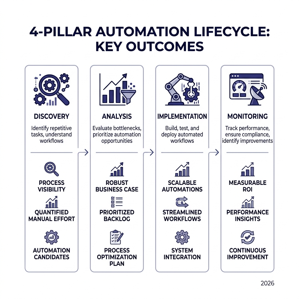 4-pillar automation lifecycle: Discovery, Analysis, Implementation, Monitoring with key outcomes - automation process