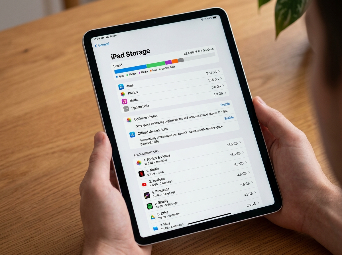 iPad Storage settings screen showing breakdown of used space and recommendations - how to clean up storage on ipad
