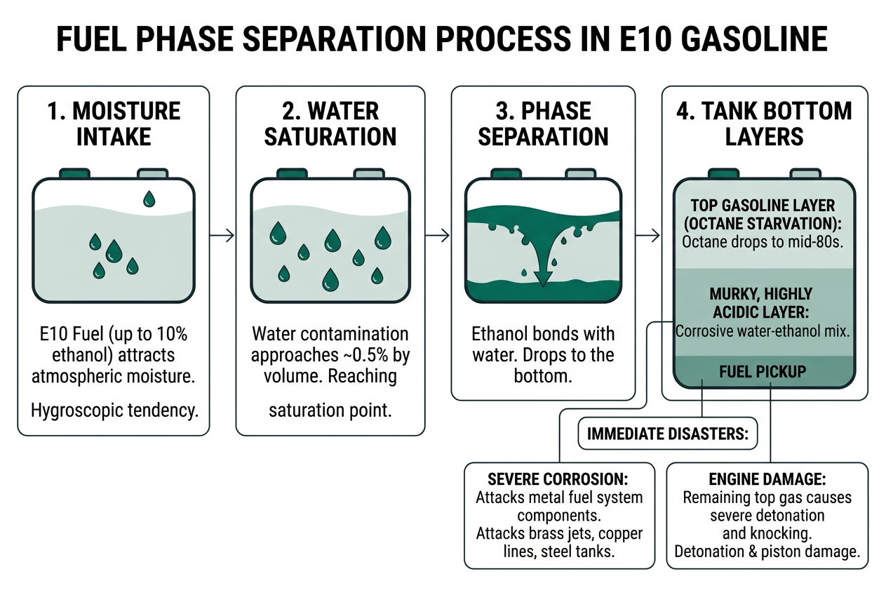 Fuel phase separation process causing water and ethanol layer at tank bottom