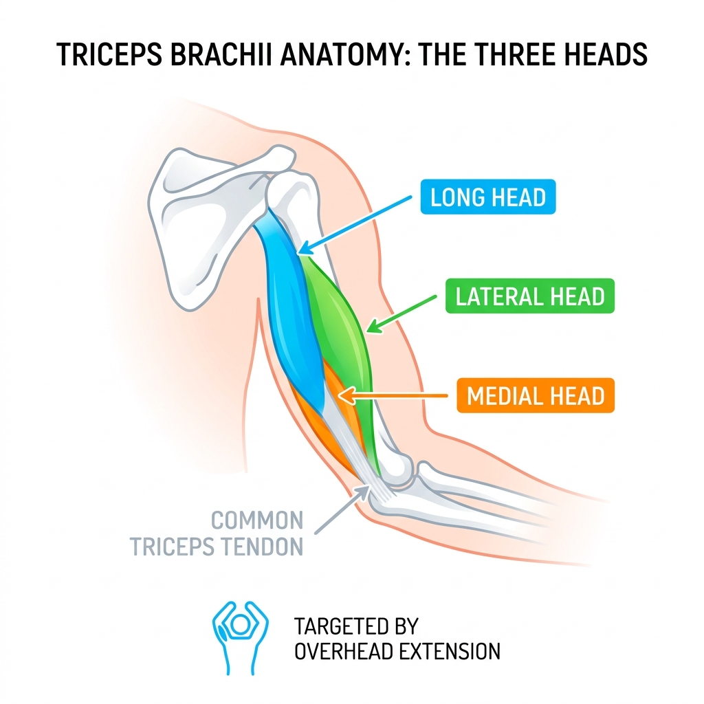 Tricep anatomy infographic showing the three heads: long, medial, and lateral, with labels - tricep overhead extension