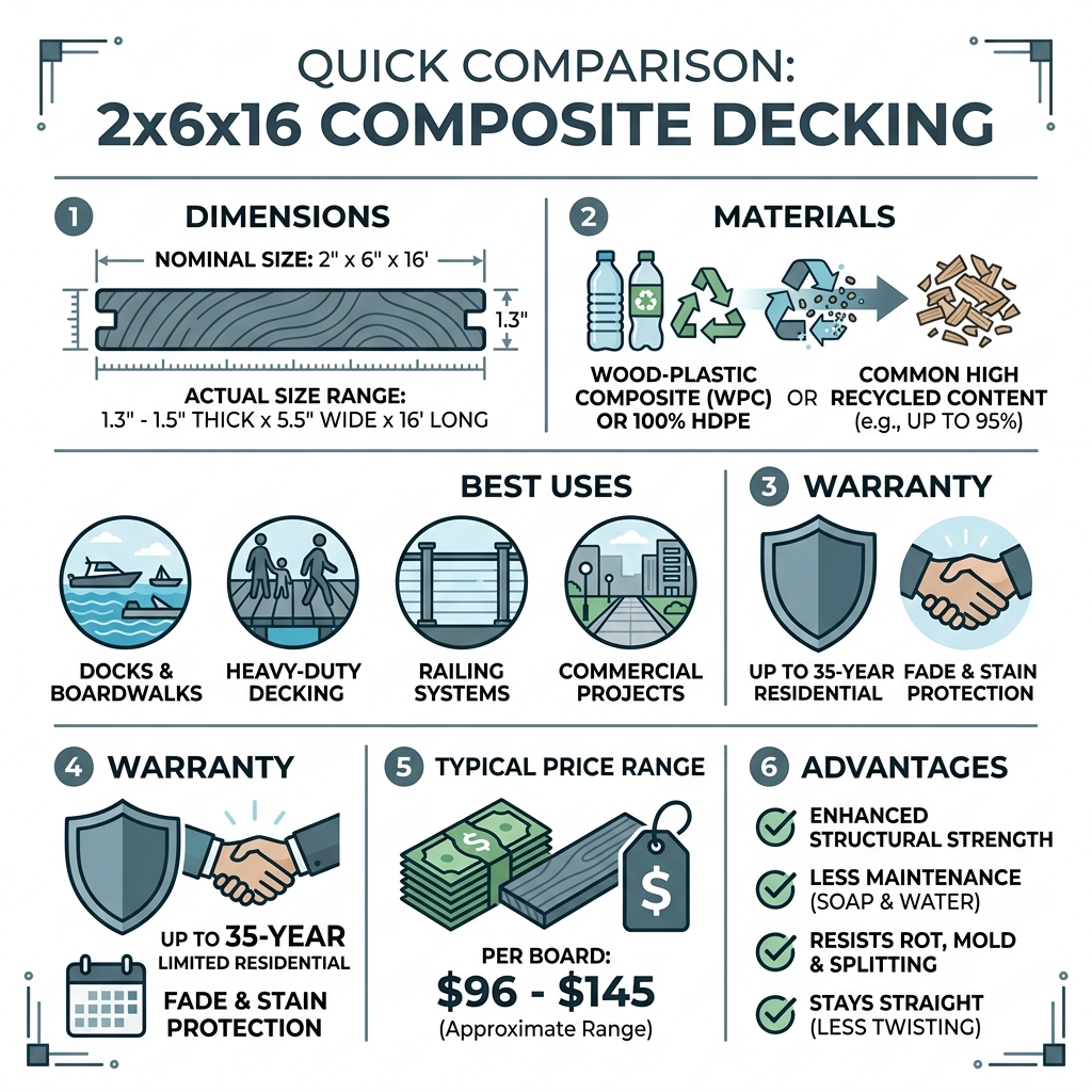 Comparison infographic: 2x6x16 composite decking quick facts, dimensions, materials, uses, warranty, and price range
